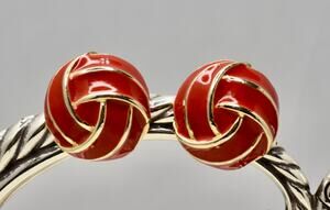 Vintage Donald Stannard Knot Red & Gold Enamel Statement Clip Earrings RARE!!!